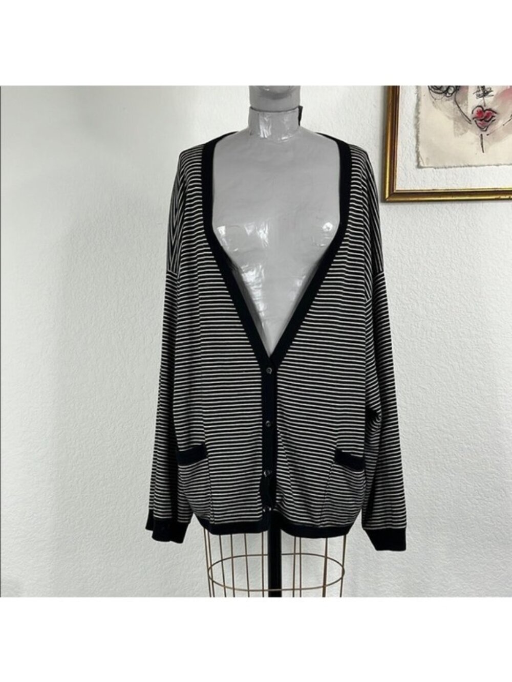 VTG Joseph Tricot Striped Nautical V Neck Button Front Cardigan Sweater